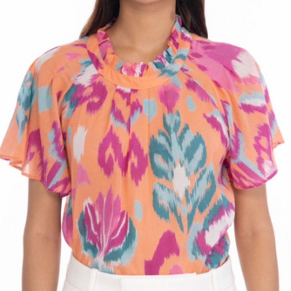 Banjanan Joyful Top Women’s Large Lightweight Cotton Mock Neck Colorful Preppy